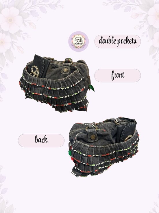 Y2K Betseyville Denim Ruffle Satchel • Betsey Johnson Cherry Charm Handbag - Picture 4 of 13